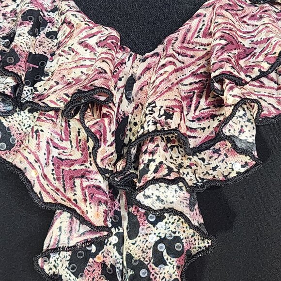 Jaipur Y2K Black Maroon Black Tan Animal Print Ruffle Neck Sequin LS Top Size XL - Picture 8 of 16